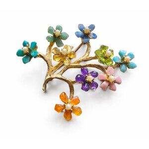 Vintage Swoboda Signed Gemstone & Pearl Flower Tree Brooch Gold Tone